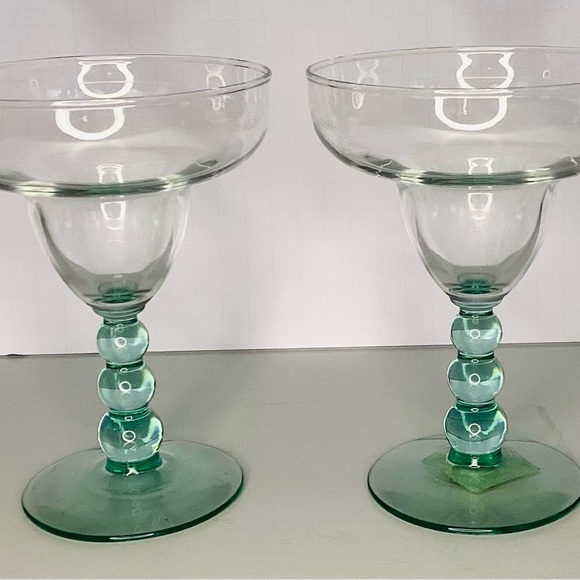Retro Libbey Margarita Glass Metropolis Spanish Green Ball Stem Clear Set Of 2 - Picture 1 of 4